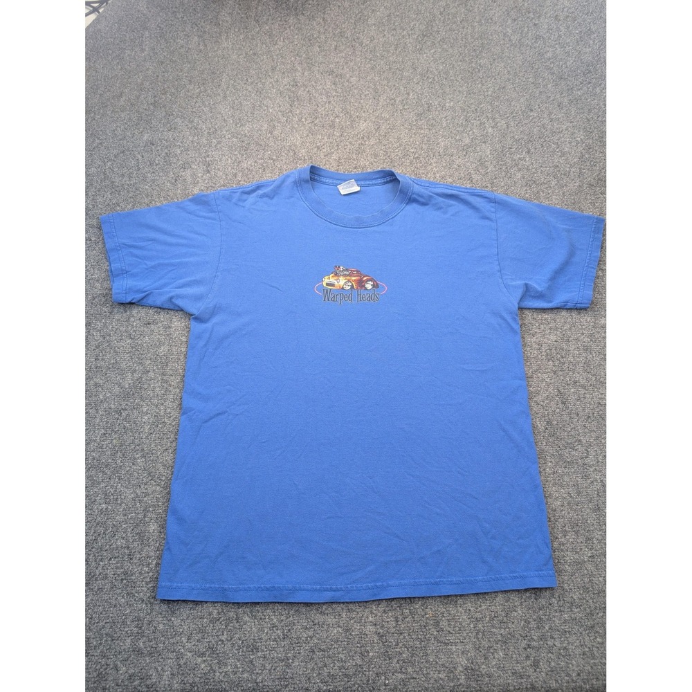 Warped Heads Shirt Mens Large Blue Hot Rod Car Graphic Double Sided Tee Gildan